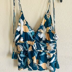 Roxy Teal Floral Tie-Shoulder Camisole with Tan and White Accents